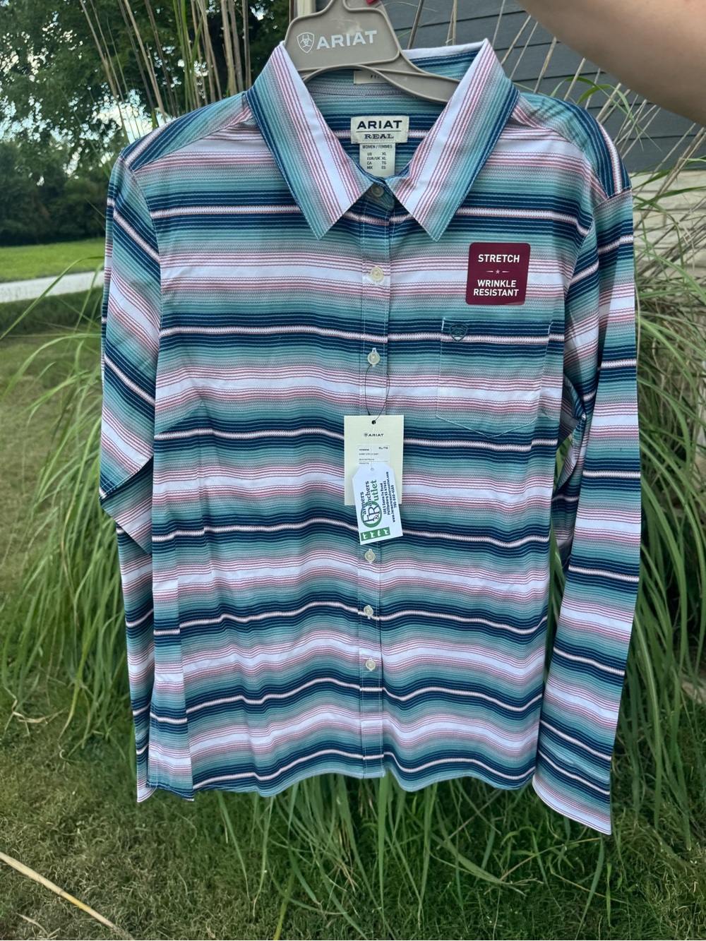 Ariat women's Striped Button-Down Shirt in Teal and Pink